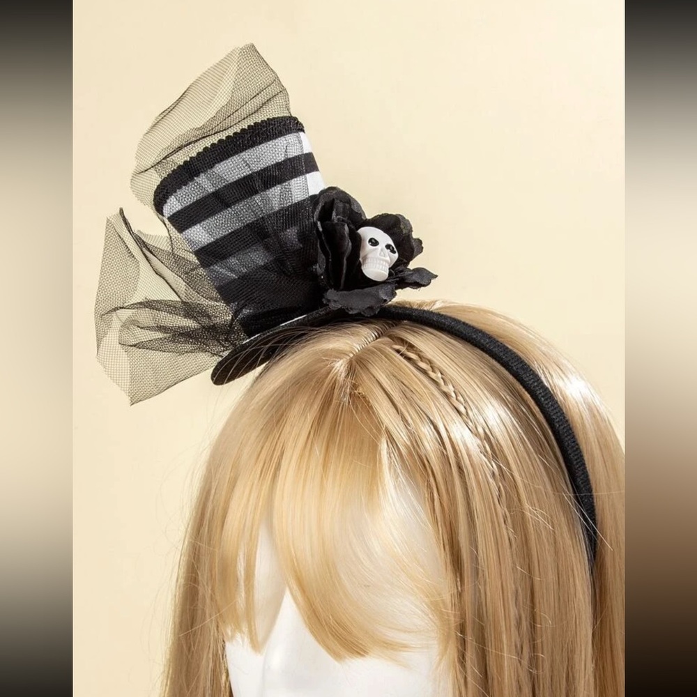 💀 Awesome Striped Top Hot Black Rose Skull Top Hat Headdress Headband 💀